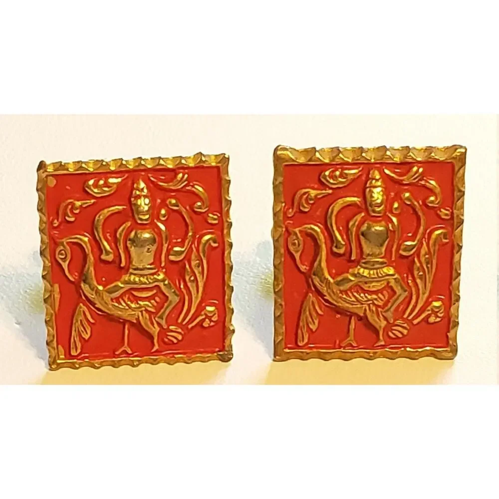 Beautiful‎ Goddess & Swan Red Cuff Links Enamel Unisex Oriental Asian Motif cl-